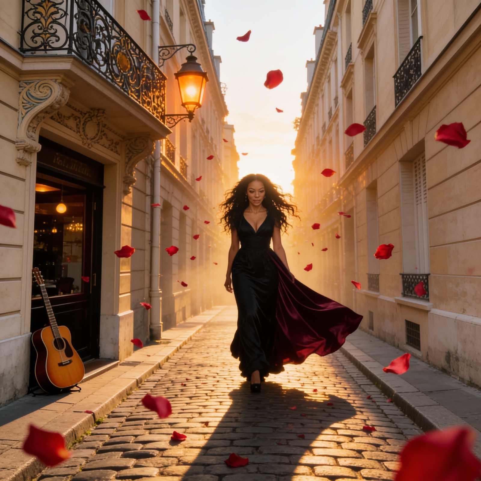 An Afro-Caribbean woman in a black gown walks cobblestone Paris streets at golden hour, rose petals in the wind